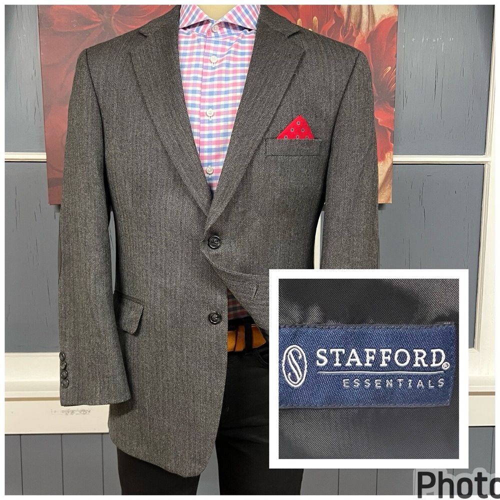 Stafford Tweed Wool Jacket Sport Coat Mens 44R Classic Fit Herringbone‎ Gray